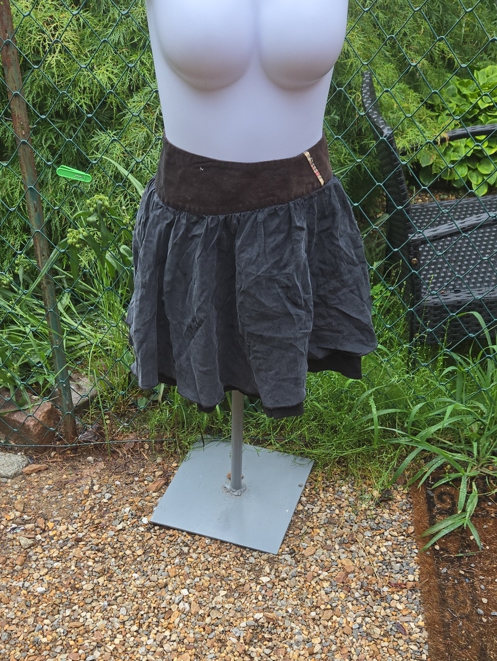 Diesel Charcoal Gray Gathered Skirt with Brown Waistband